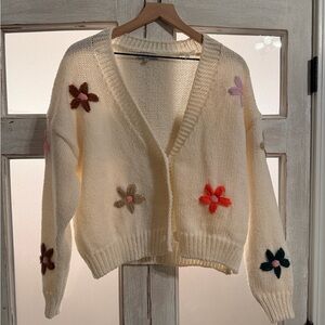 Polagram Cream Cardigan with Multicolor Floral Accents